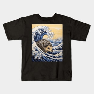 Funny Hedgehog Art The great wave off Kanagawa Japanese Kids T-Shirt